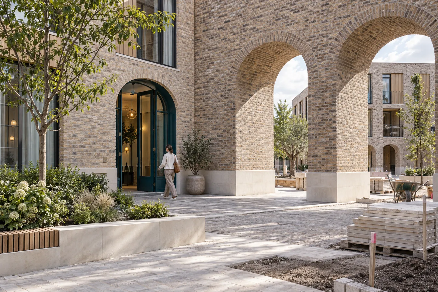 A bright brick courtyard with a deep teal doorway