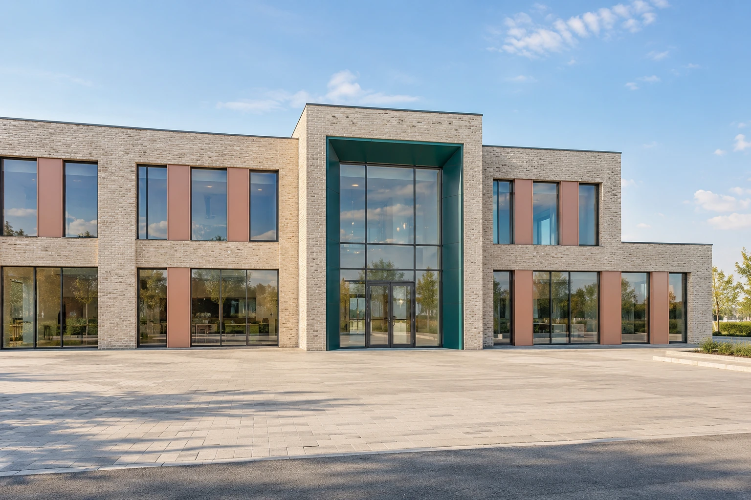 A completed contemporary residential building seen across a bright open street