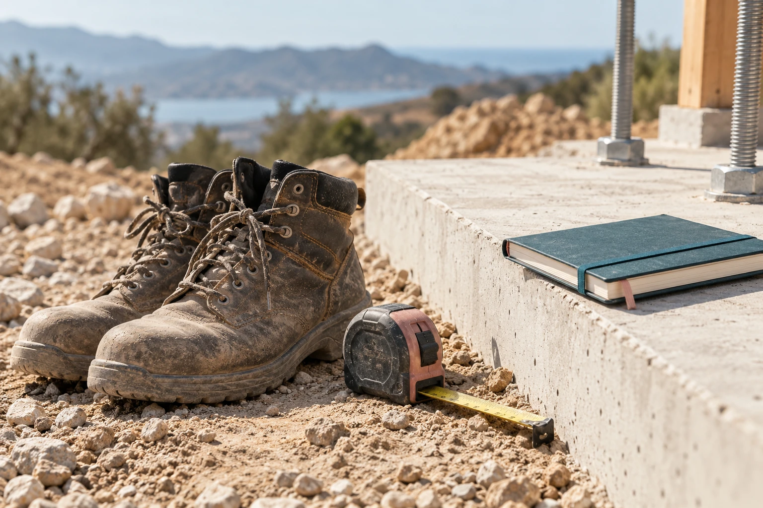Surveyor tools and a field notebook at a work site