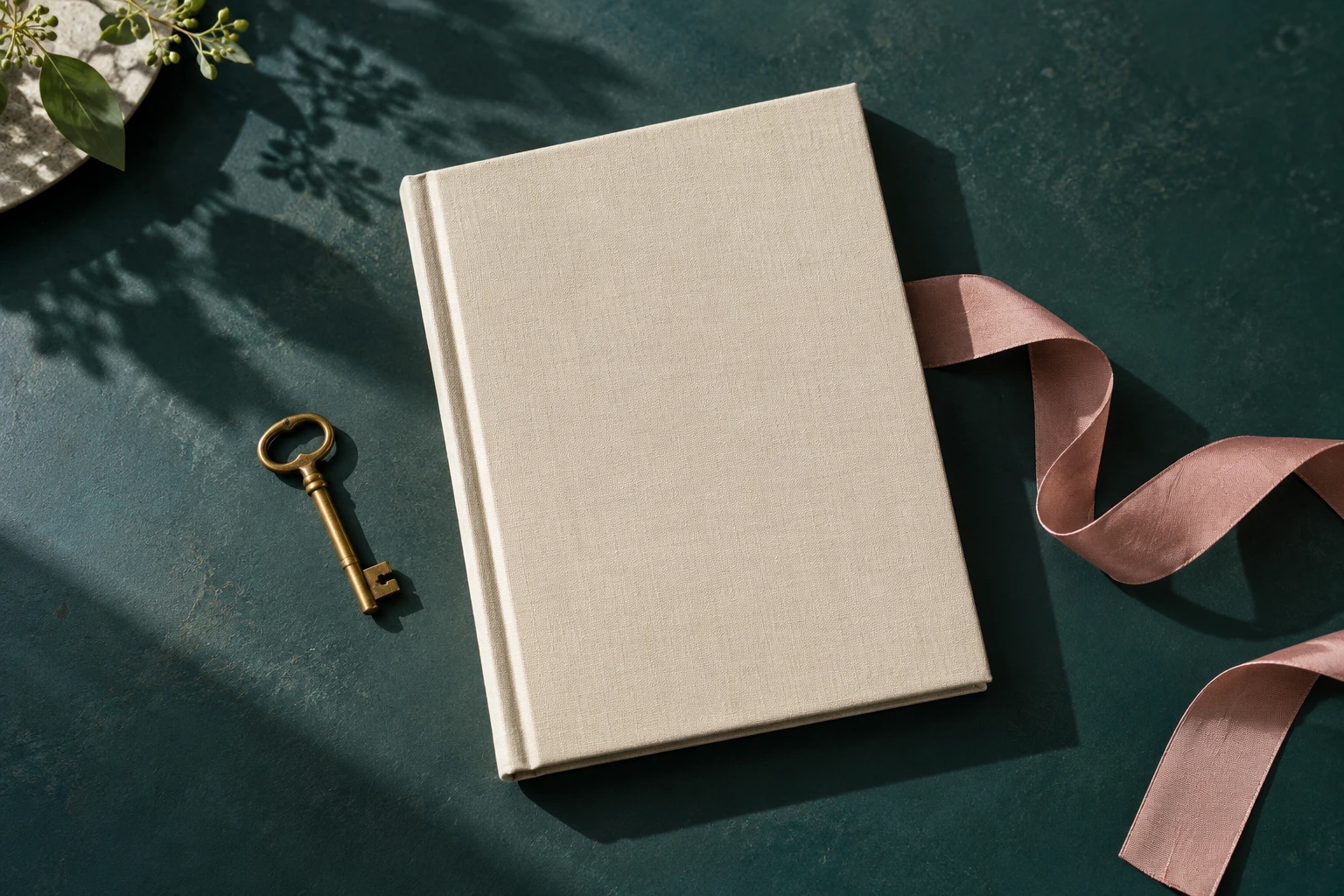 A bound completion folio and key on a teal table