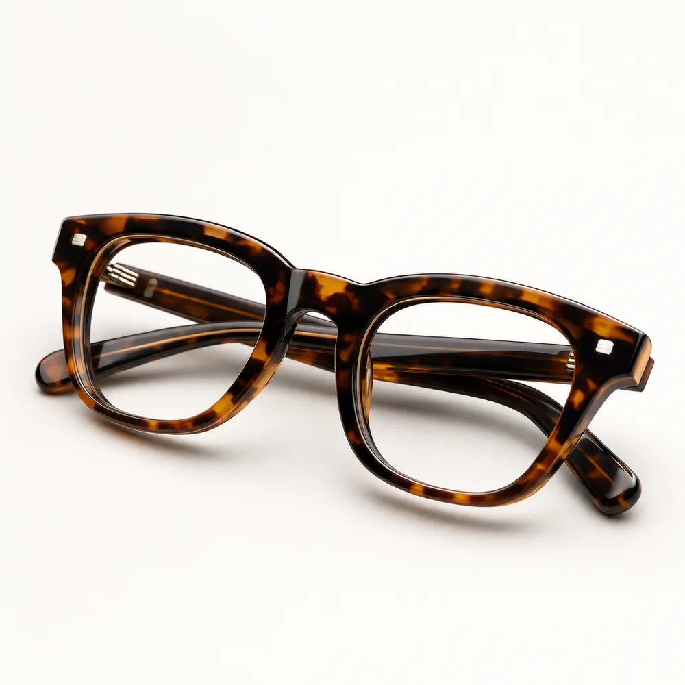 Macro shot of a thick tortoiseshell Japanese acetate frame, hand-polished rims catching the light.