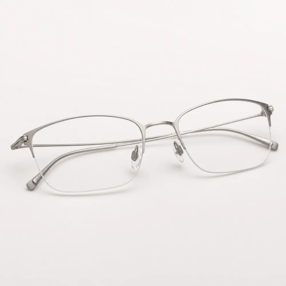 Macro shot of an ultra-thin half-rim β-titanium frame in satin silver, temples curving away.