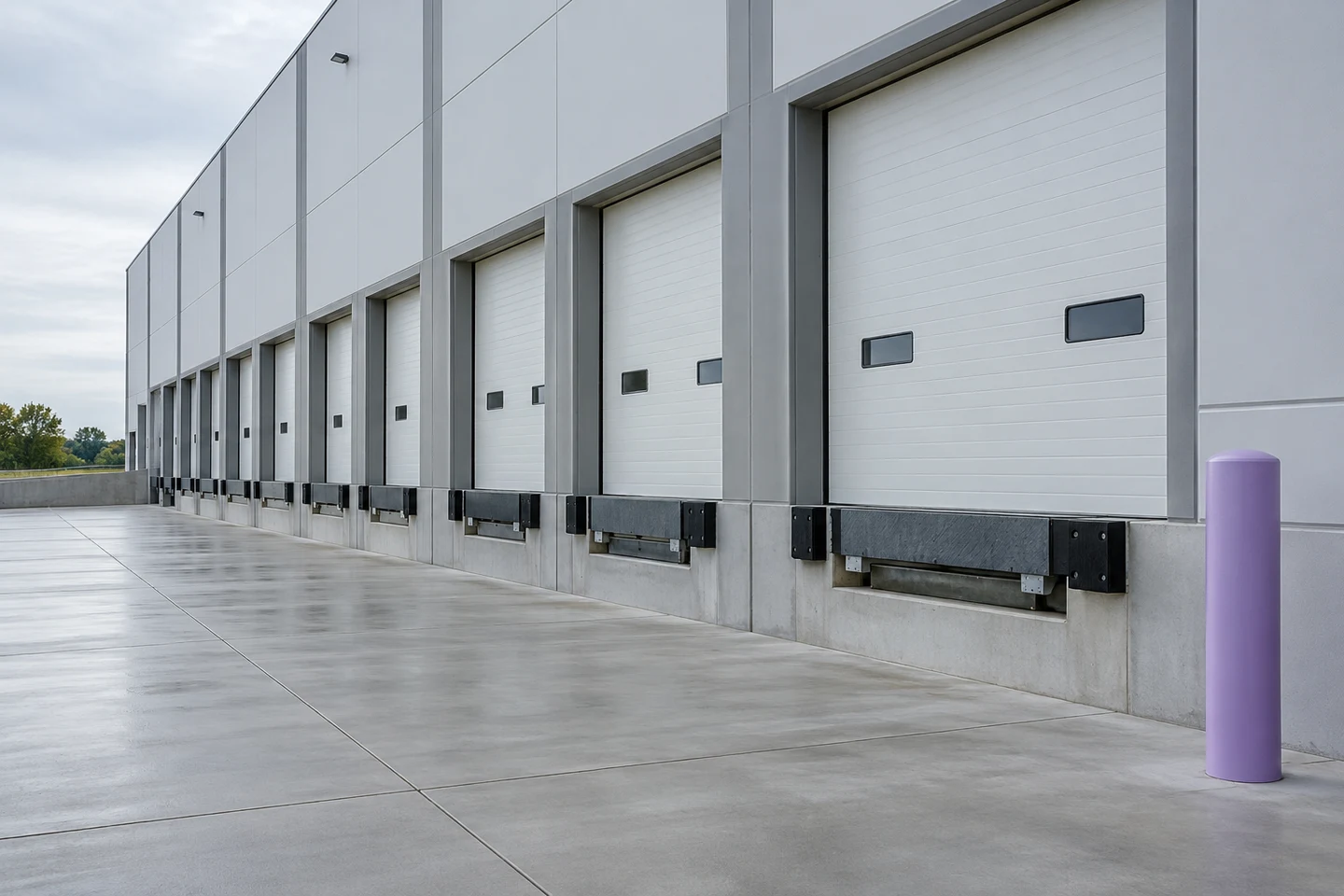 A distribution warehouse loading bay with closed shutters
