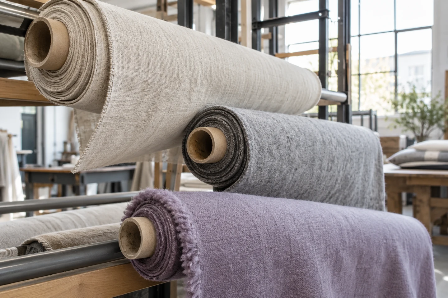 Different rolled textile samples in a workshop