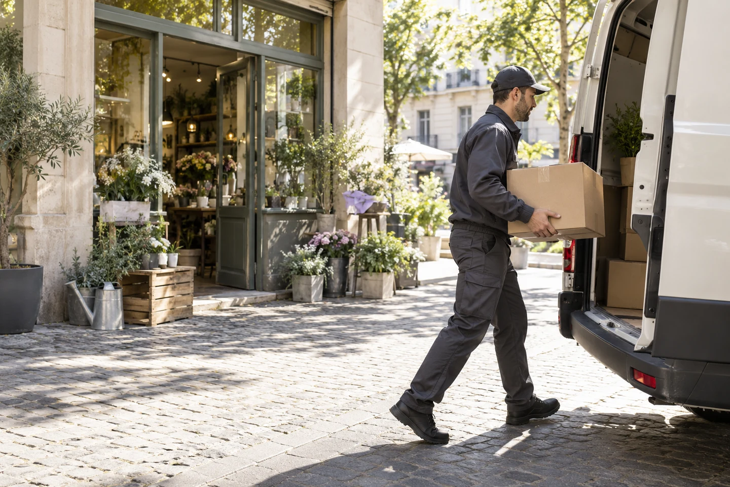 A delivery worker beside a plain van outdoors