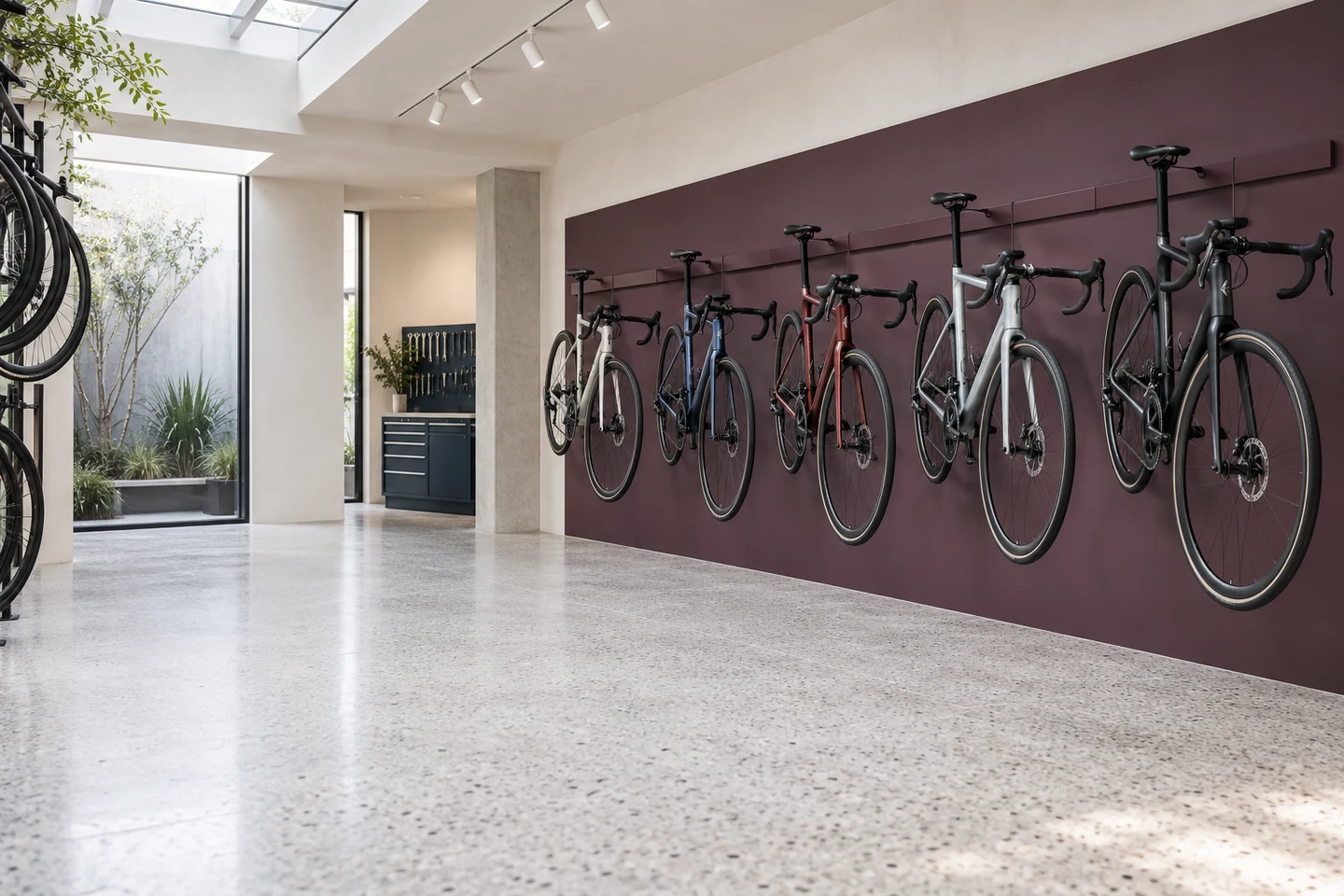 An empty bicycle showroom with neatly spaced displays