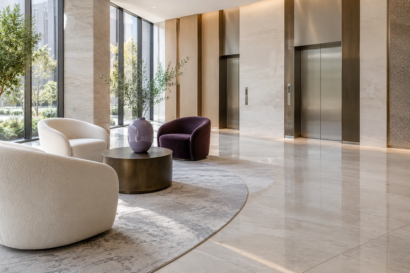 A quiet reception with sculptural chairs and an elevator