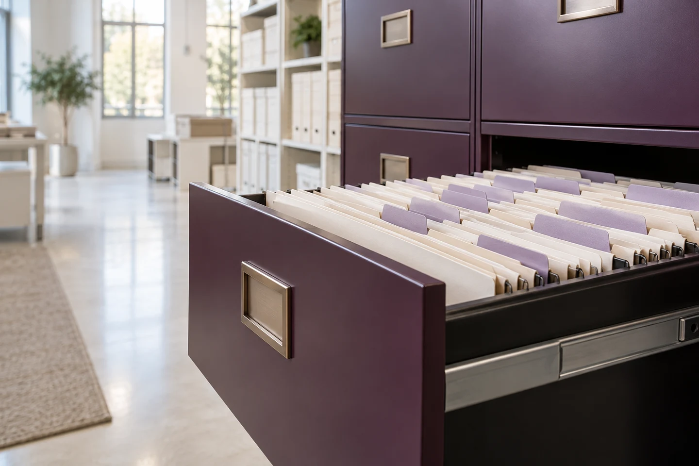 An open archive drawer containing hanging files