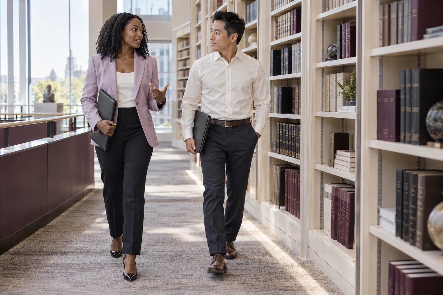 Two colleagues walking through a library aisle