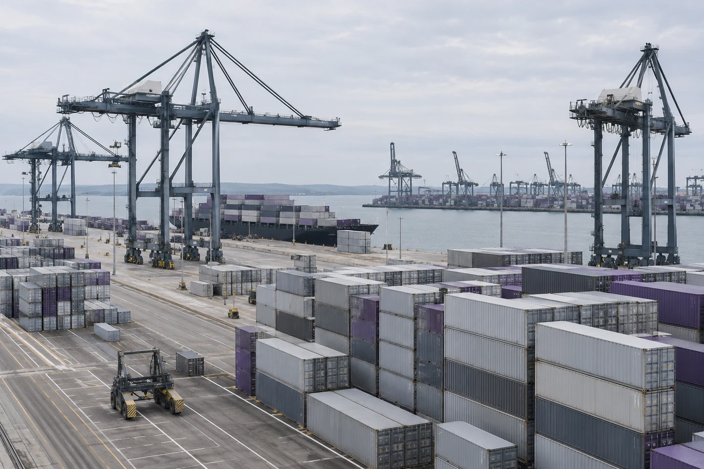 Freight containers and cranes at a commercial seaport