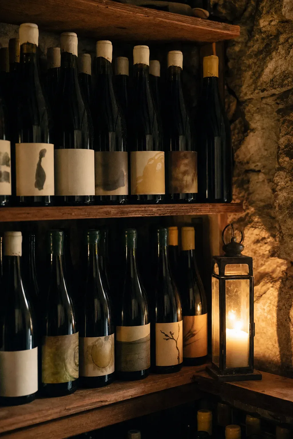 Candlelit natural-wine bottles in the cellar