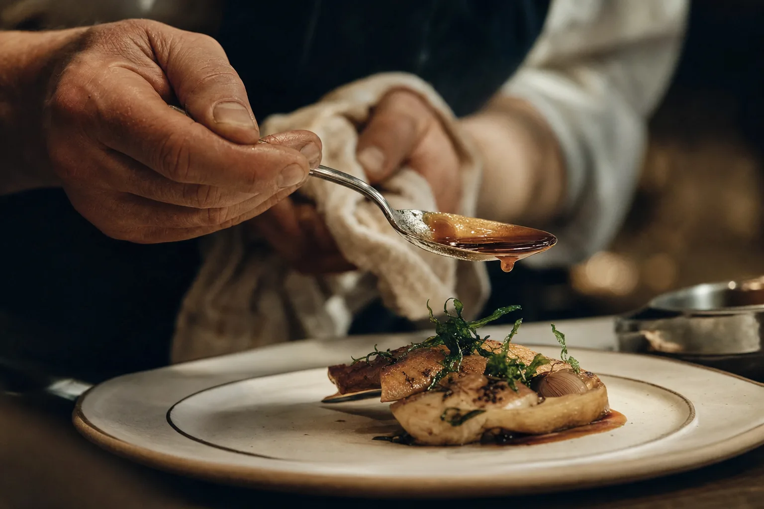 A chef’s hands finishing a plated dish at the pass