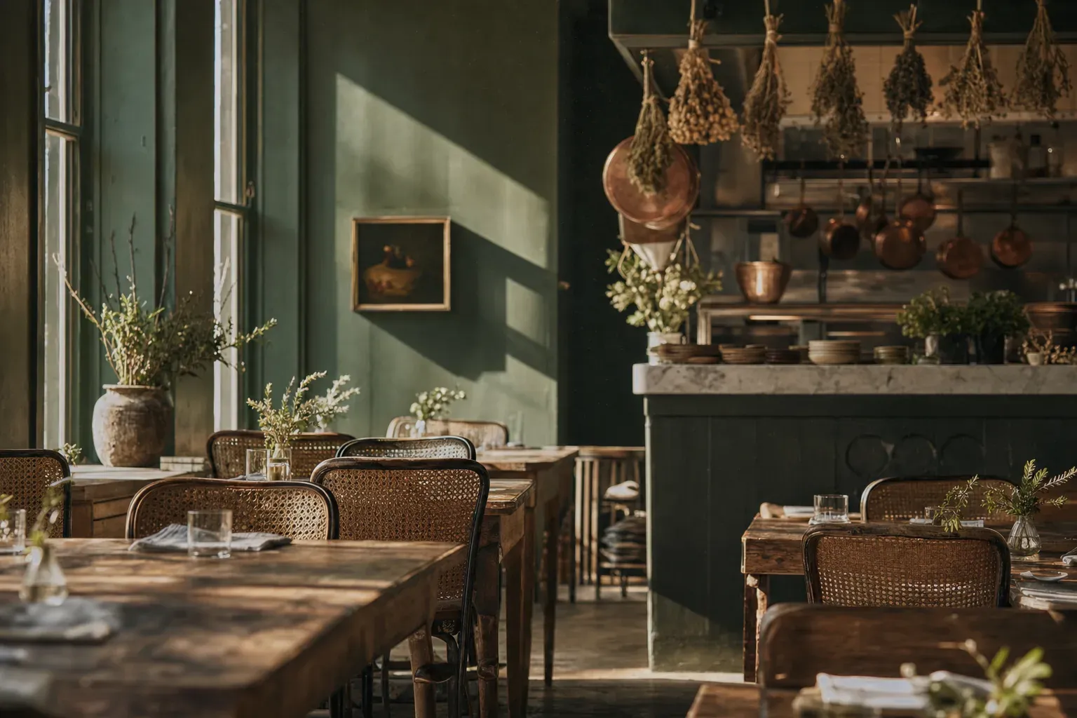 Morning light across the empty Sorrel House dining room