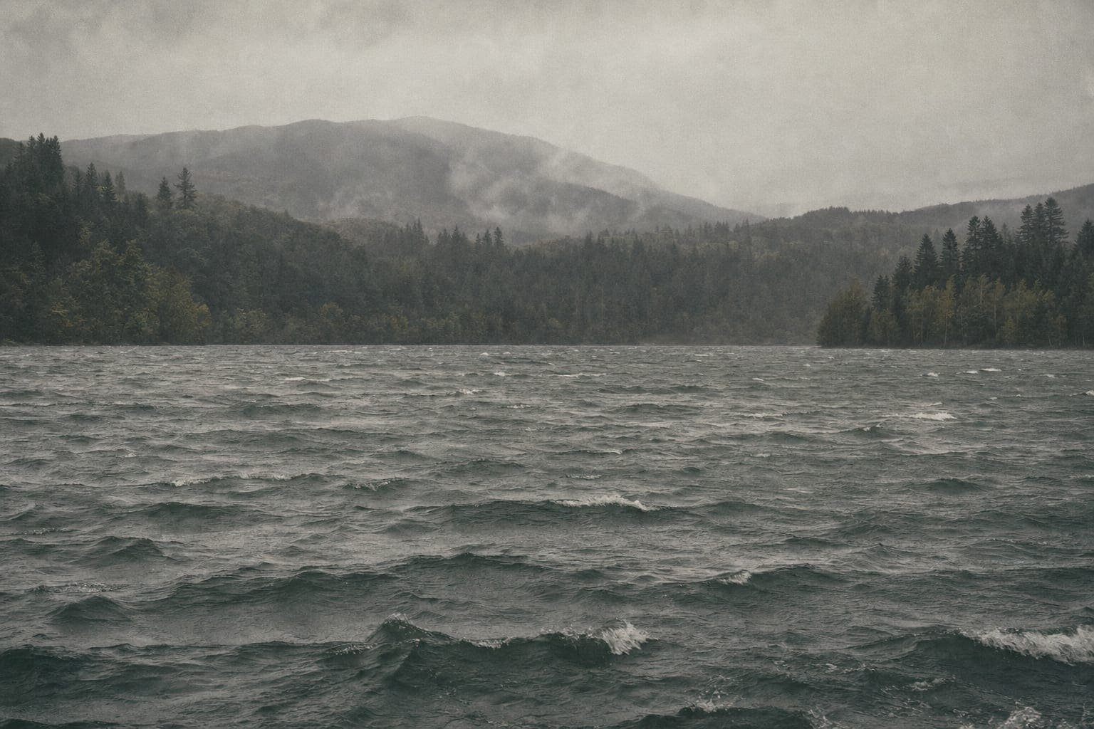 Wind moving across a dark mountain lake