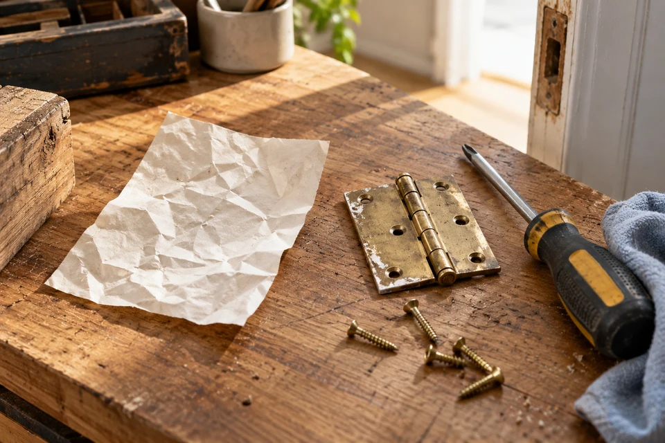 A work receipt beside a removed door hinge on a timber workbench.