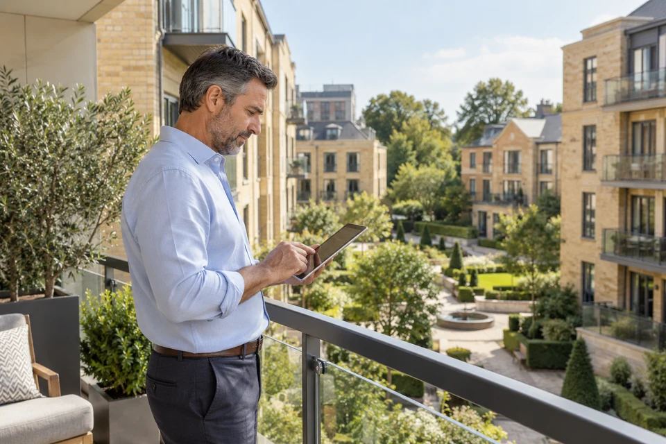 A property owner reviewing a tablet on a balcony.