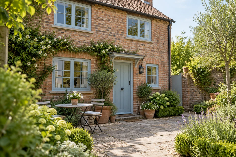 A brick rental cottage behind a planted courtyard.