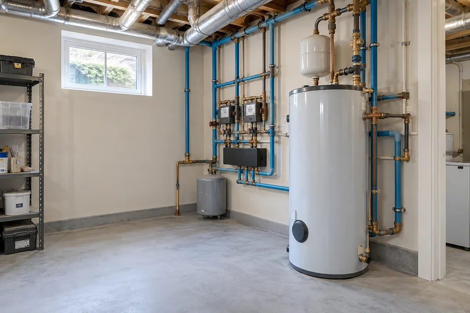 An orderly property utility room with pipes and meters.