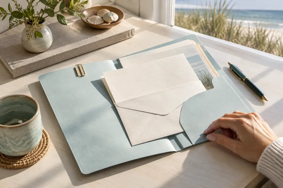 A letter and envelope in an open aqua folder beside a window.