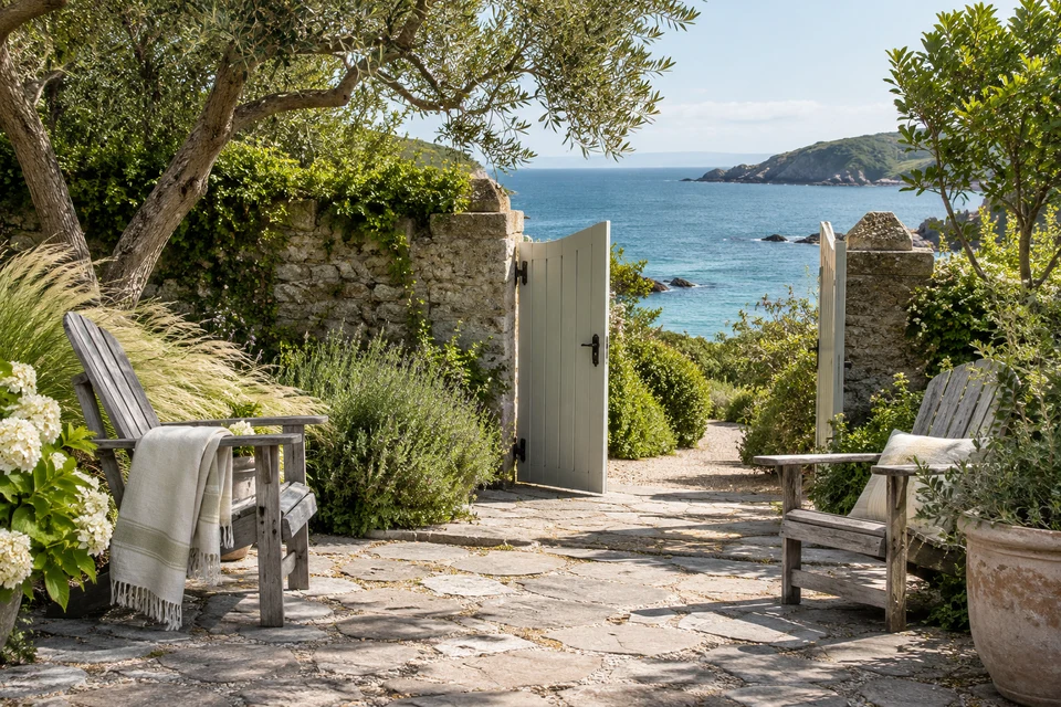 Two empty chairs beside an open gate in a mature coastal garden.