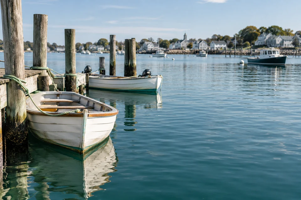 Small boats and timber pilings in a sheltered coastal harbor.