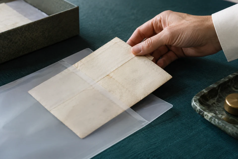 An original folded letter being carefully removed from an archival sleeve.