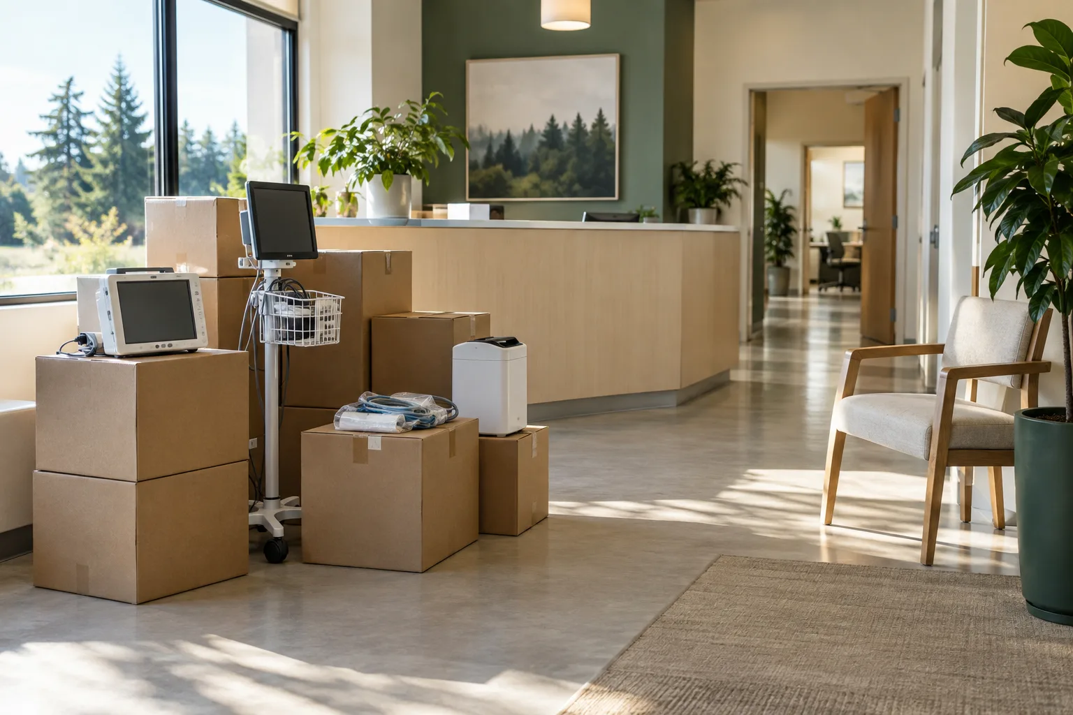 Boxed equipment arriving at a quiet practice reception.