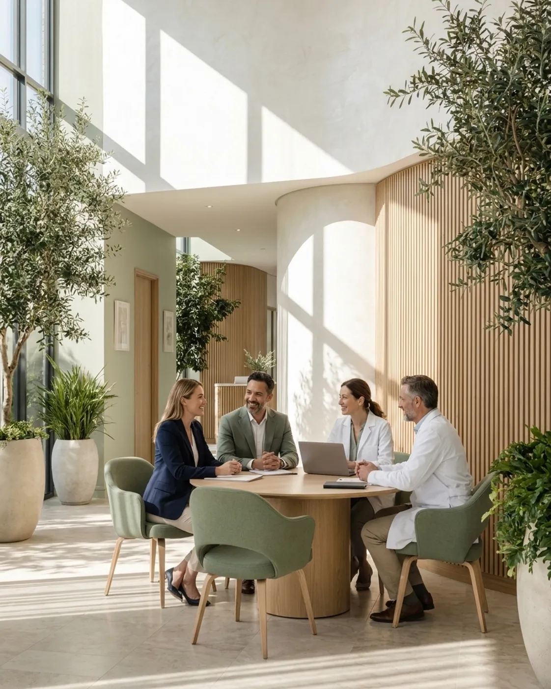 Two lawyers meeting with two doctors at a table in a sunlit practice lobby.