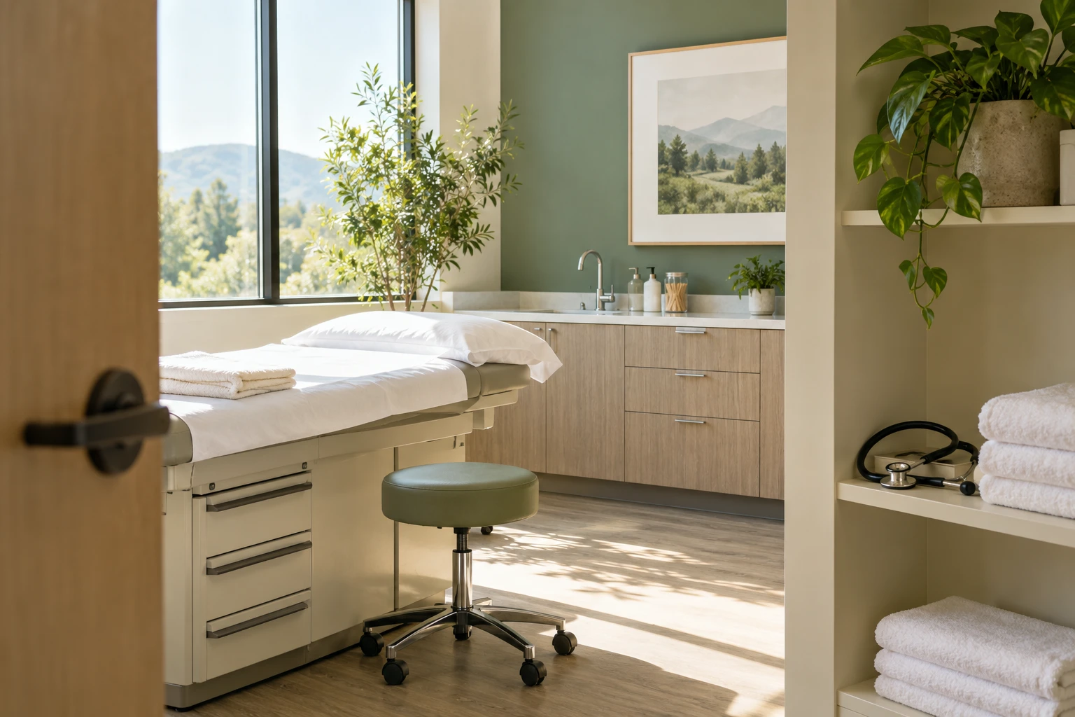 An exam-room threshold with folded linen and a stethoscope.