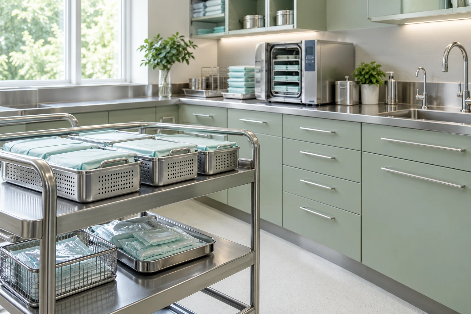 Covered instrument trays in a bright, empty clinical utility room.