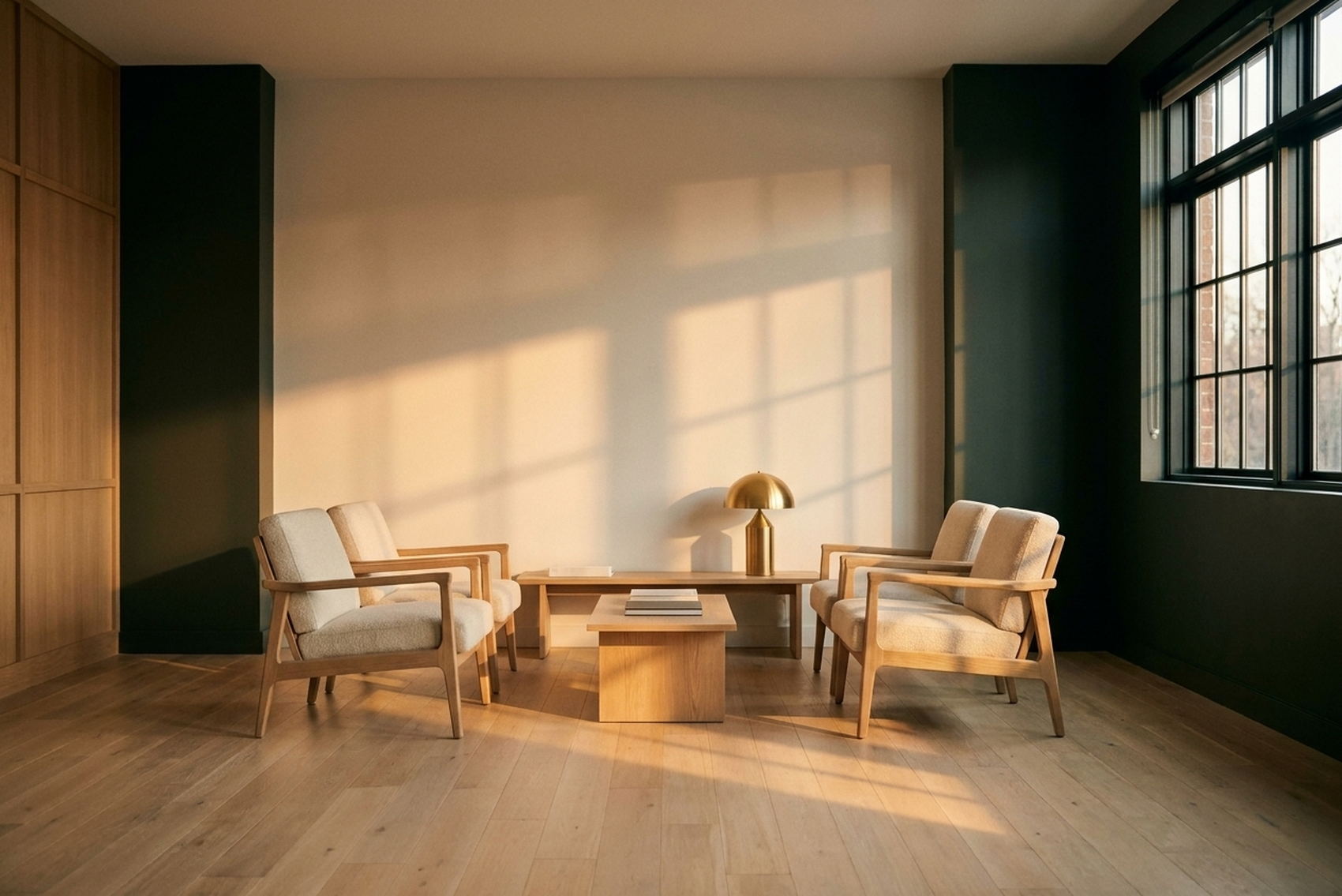 Two chairs angled toward each other in an empty conference room
