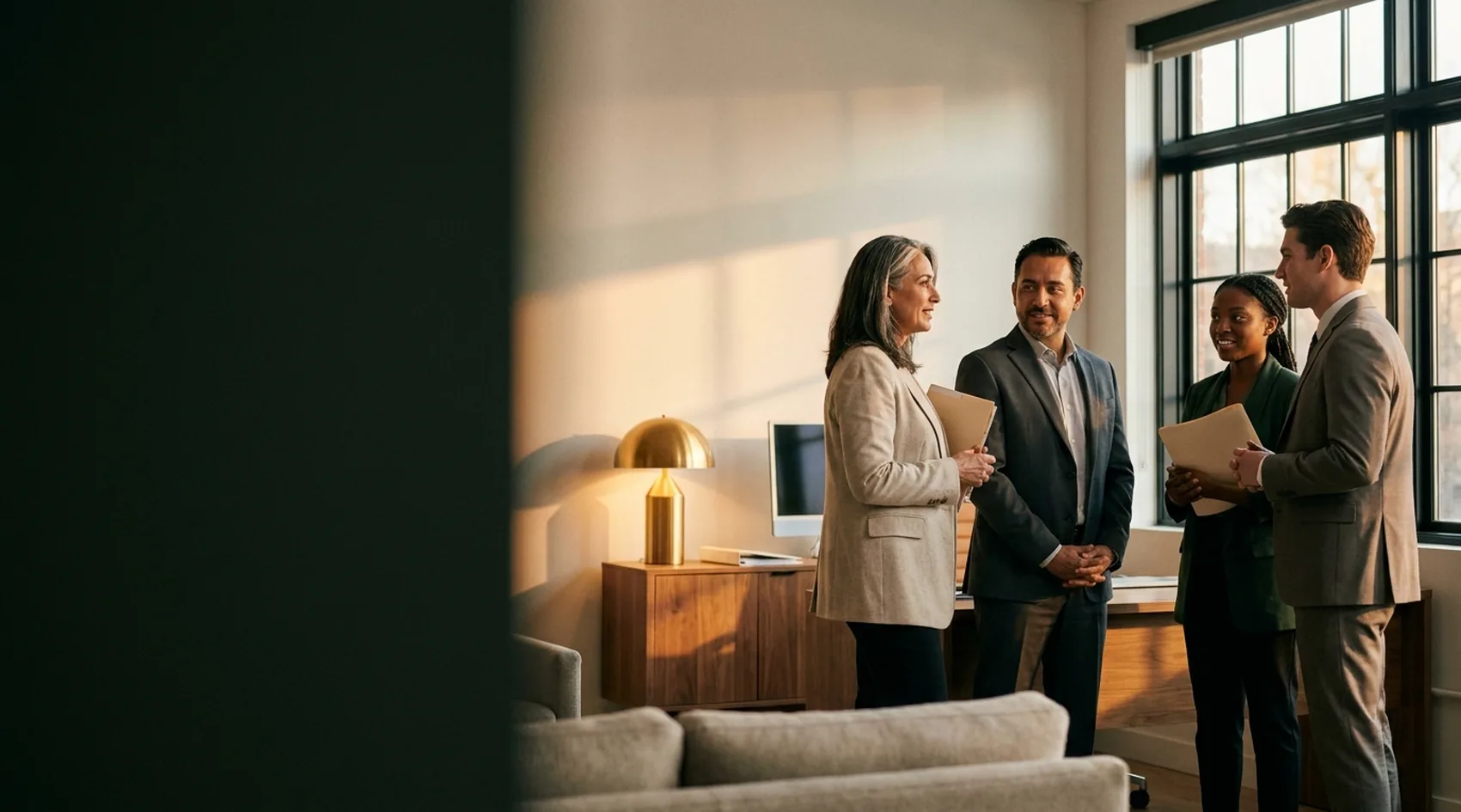 Two attorneys in conversation in a sunlit office