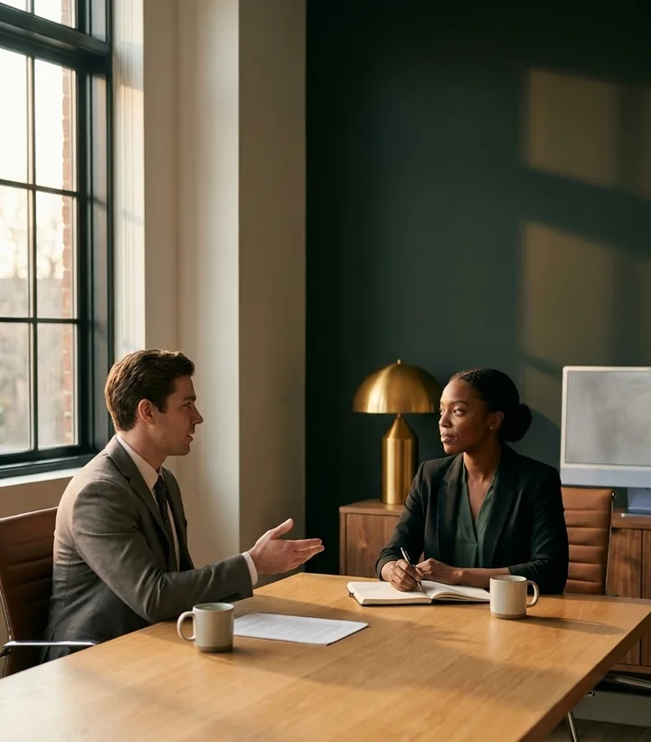 A first consultation across a table in the firm’s office