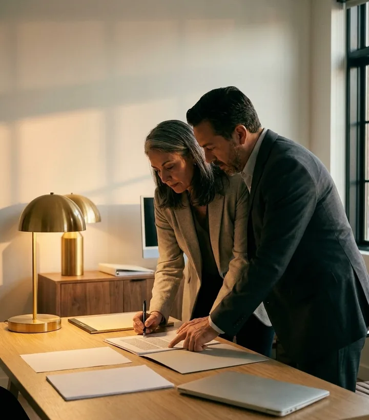 Two attorneys marking up a draft at a document-covered desk