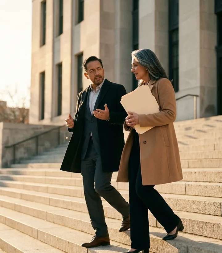 Counsel carrying case files down the courthouse steps