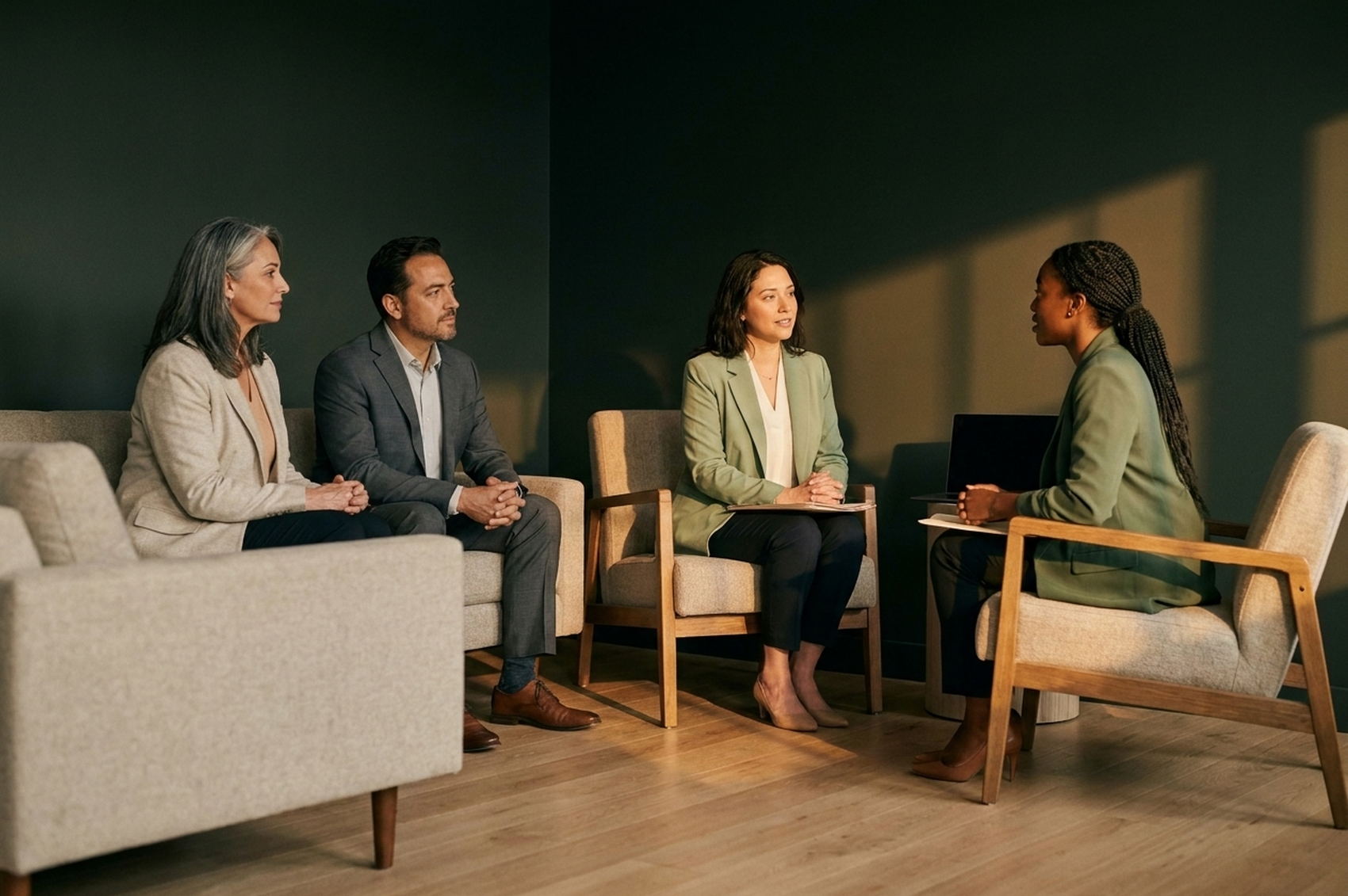 A family meeting with a counselor in a bright room