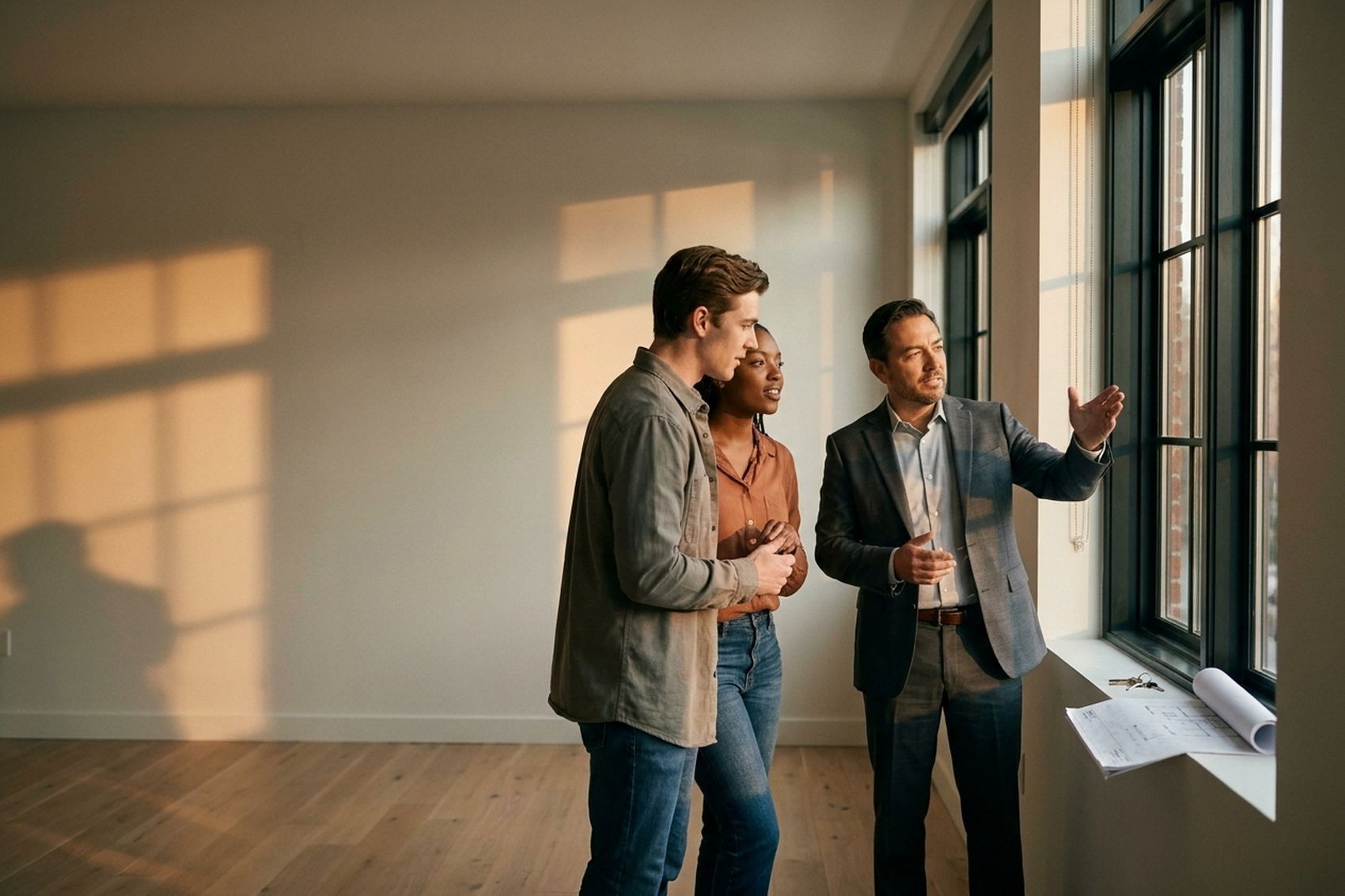 Reviewing a property model and documents at a table