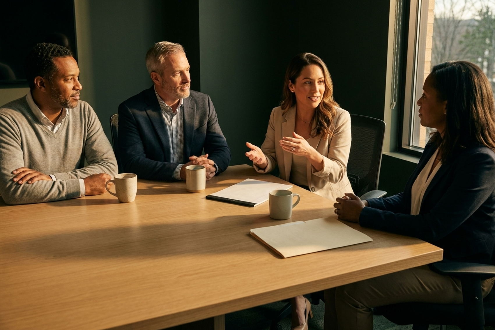 A workplace team in discussion around a conference table