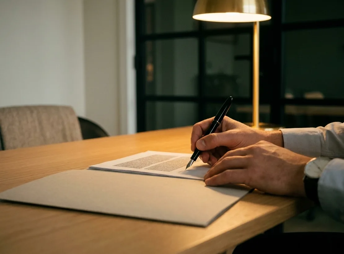 Hands annotating a contract with a fountain pen under a warm desk lamp