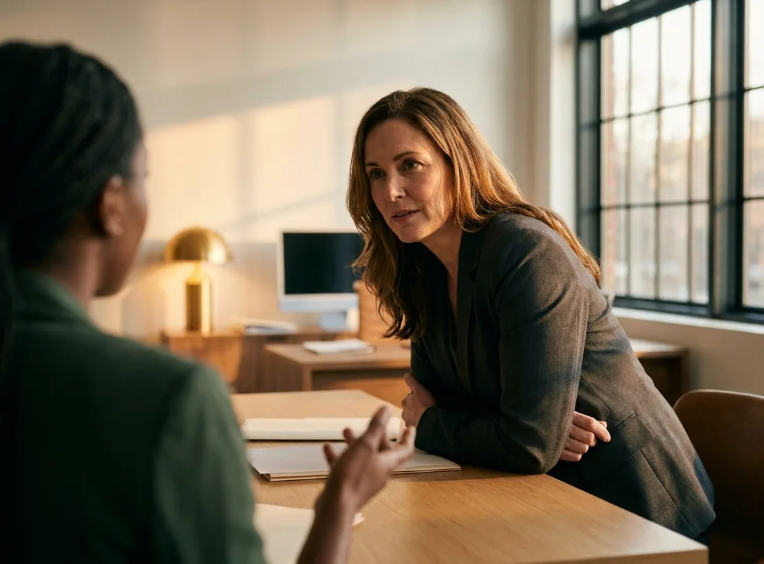 An attorney listening across a table while a client explains a matter