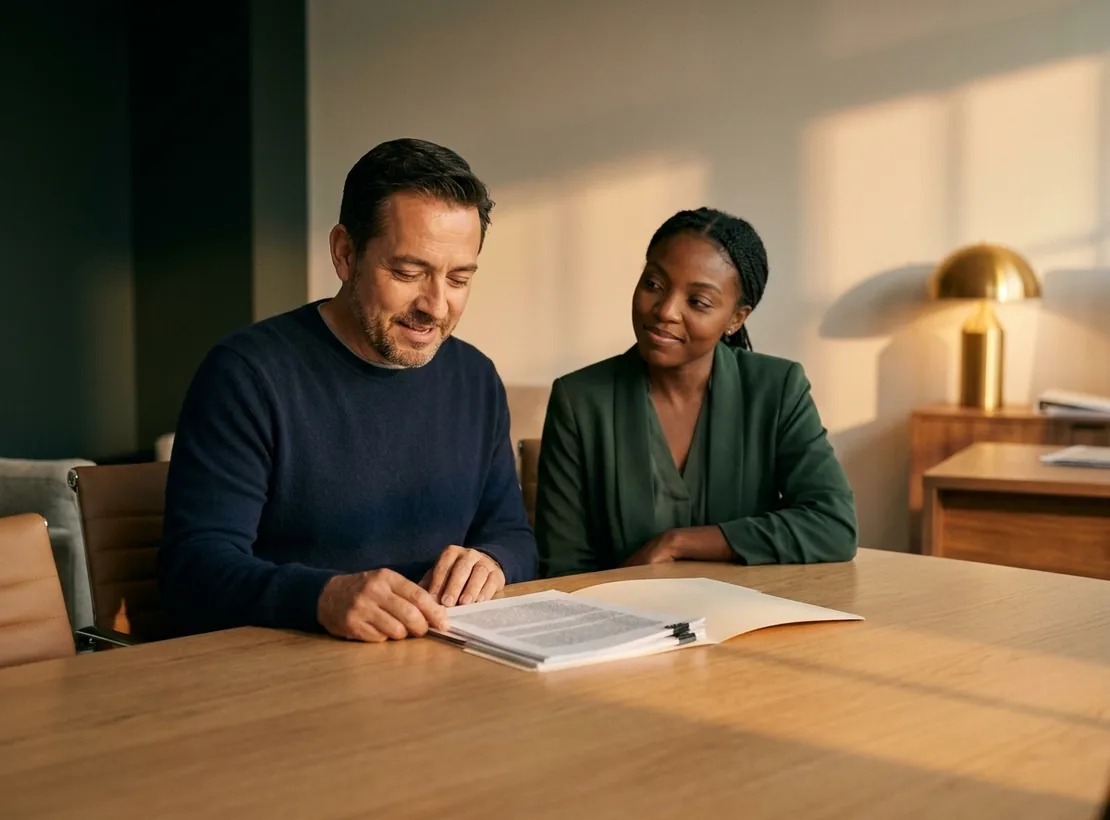 A client and an attorney reading through a signed agreement together