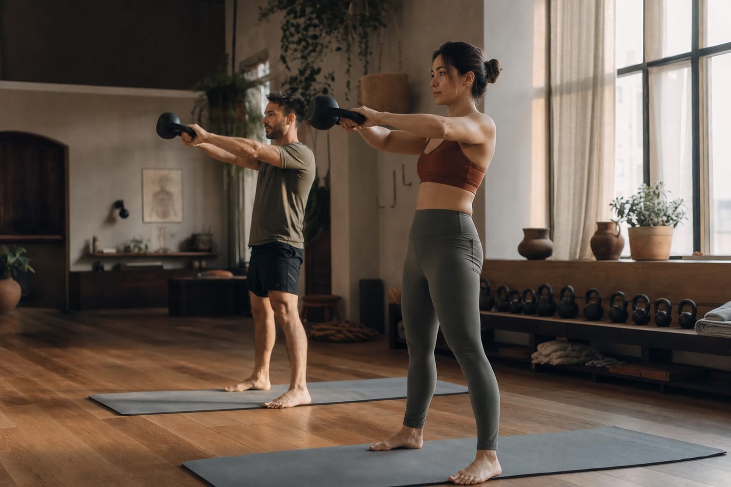 A small-group kettlebell class in the Stone Room
